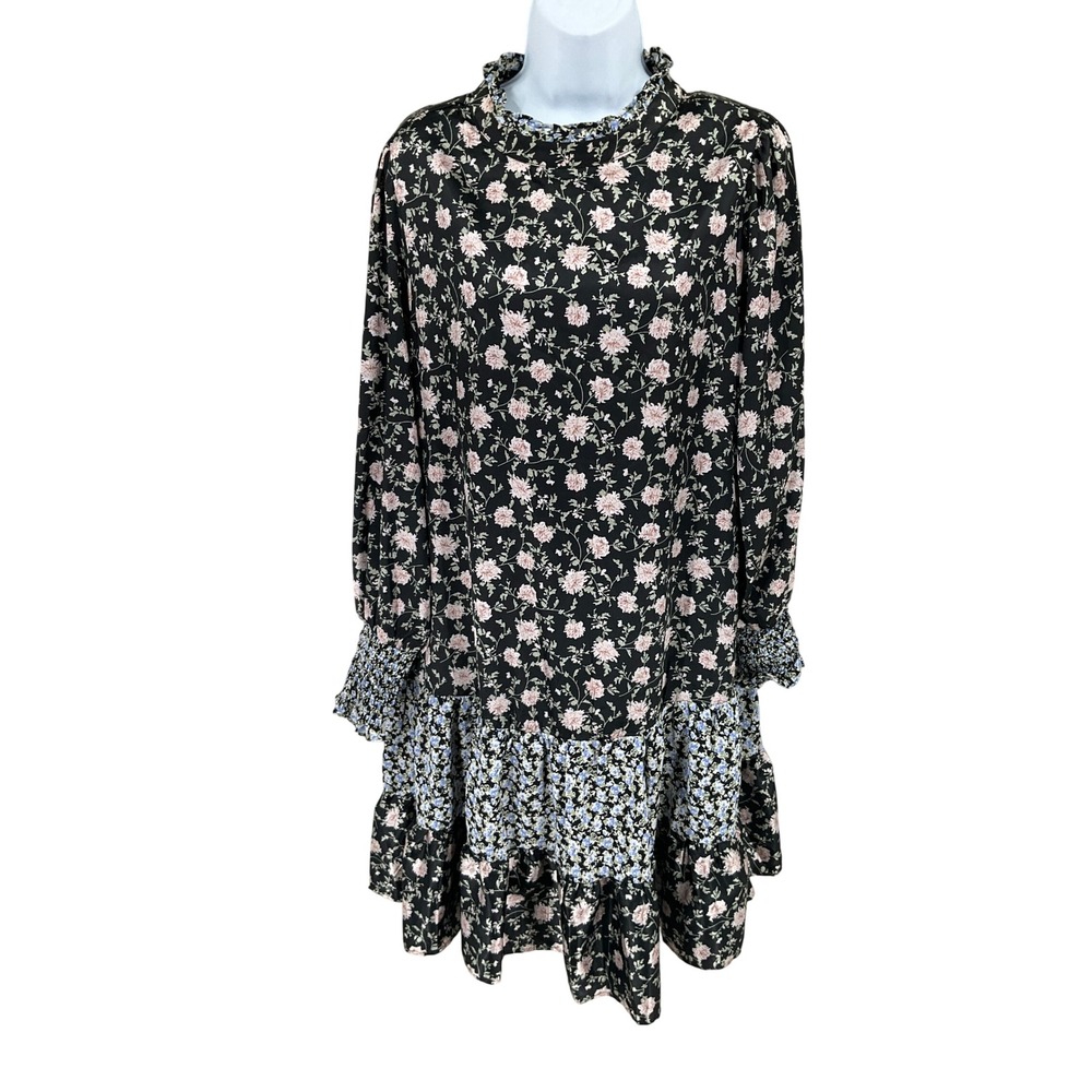 Melloday Tiered Dress M Black Floral Ruffle Smocked Mini Cottagecore Prairie